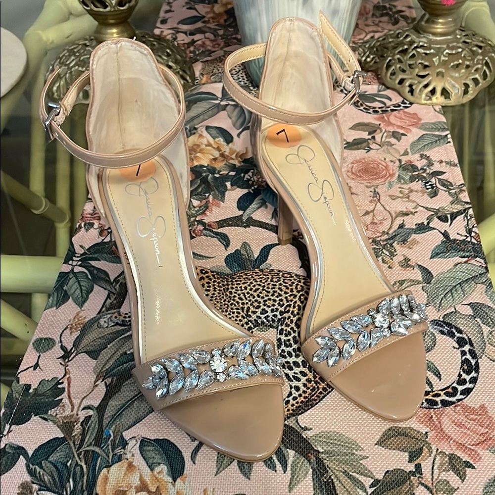Jessica Simpson Cream and Silver Heels with Crystal Embellishment